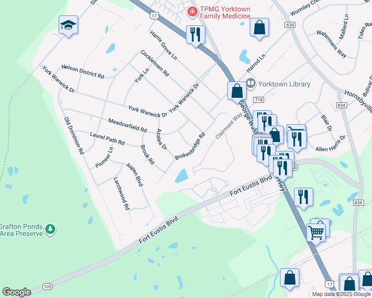 map of restaurants, bars, coffee shops, grocery stores, and more near 300 Brokenbridge Road in Yorktown