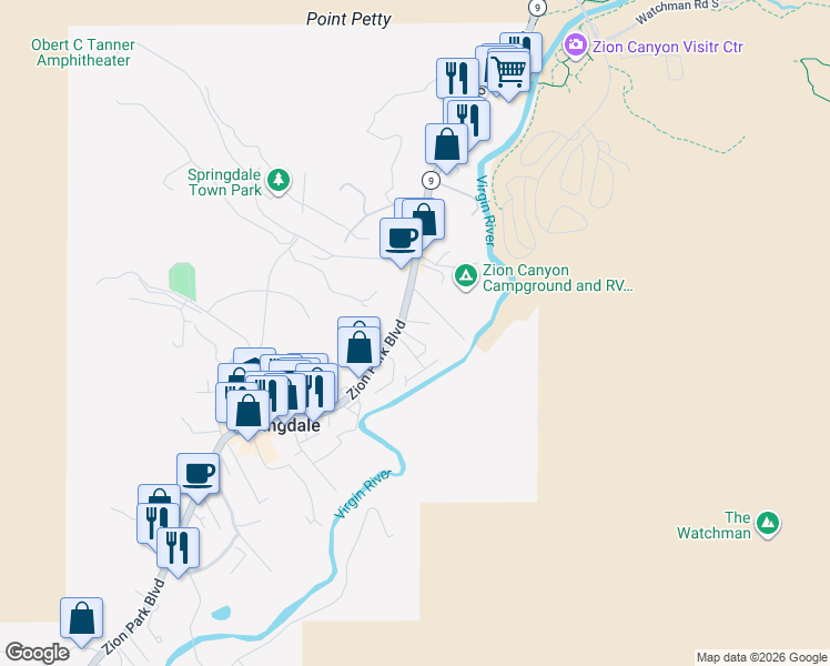 map of restaurants, bars, coffee shops, grocery stores, and more near 587 Zion Park Boulevard in Springdale
