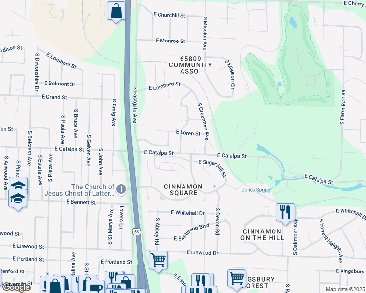 map of restaurants, bars, coffee shops, grocery stores, and more near 3530 East Catalpa Street in Springfield