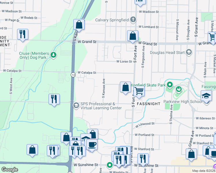 map of restaurants, bars, coffee shops, grocery stores, and more near 1506 West Meadowmere Street in Springfield