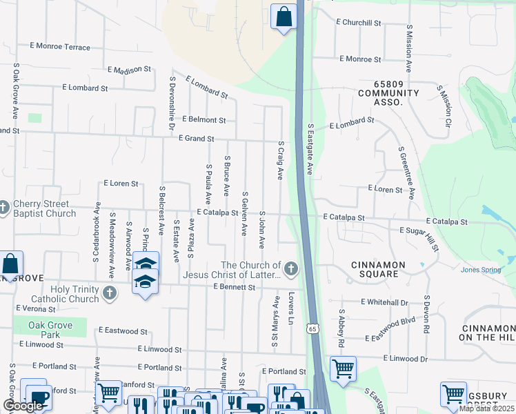 map of restaurants, bars, coffee shops, grocery stores, and more near 1130 South Gelven Avenue in Springfield