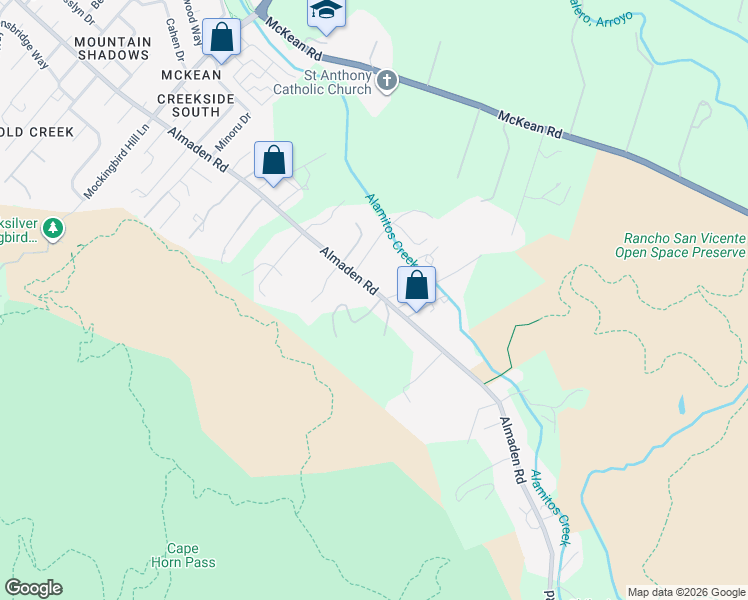 map of restaurants, bars, coffee shops, grocery stores, and more near 20110 Almaden Road in San Jose