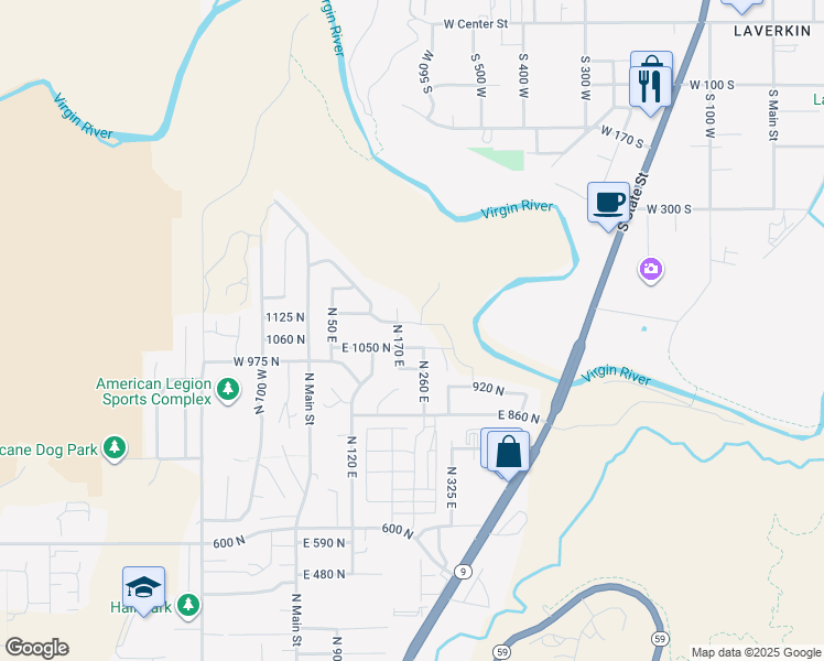 map of restaurants, bars, coffee shops, grocery stores, and more near 226 East 1100 North in Hurricane