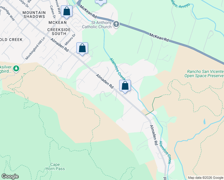 map of restaurants, bars, coffee shops, grocery stores, and more near 20110 Almaden Road in San Jose