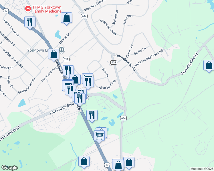 map of restaurants, bars, coffee shops, grocery stores, and more near 103 Mason Court in Yorktown
