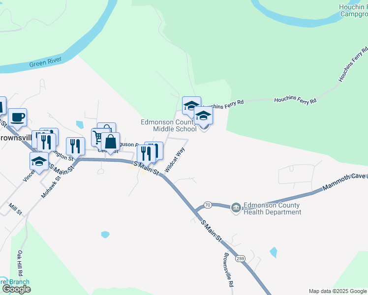 map of restaurants, bars, coffee shops, grocery stores, and more near 210 Wildcat Way in Brownsville