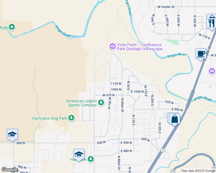 map of restaurants, bars, coffee shops, grocery stores, and more near 1091 North 100 West in Hurricane