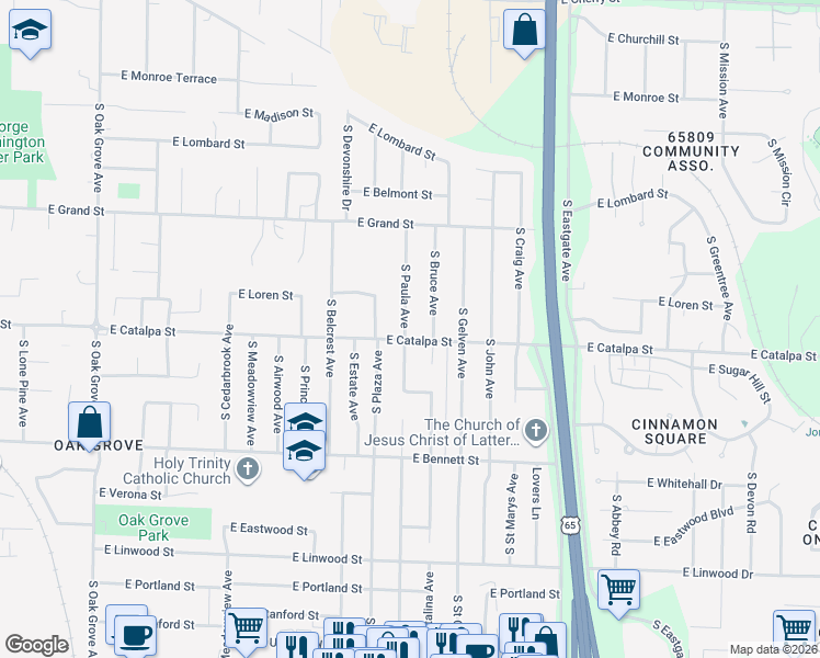 map of restaurants, bars, coffee shops, grocery stores, and more near 1131 South Bruce Avenue in Springfield