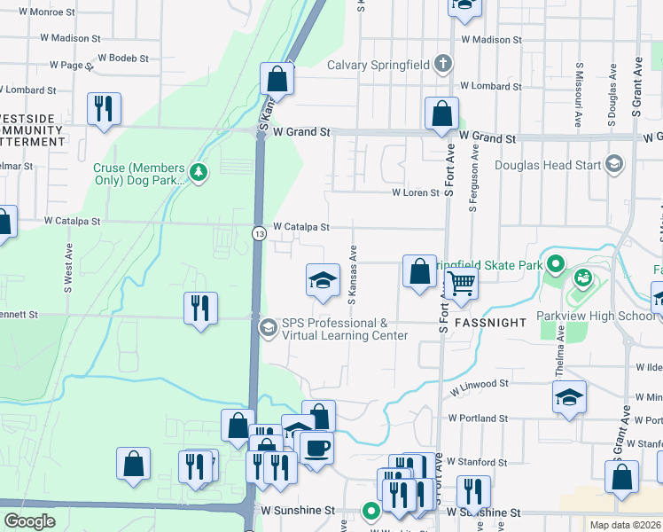 map of restaurants, bars, coffee shops, grocery stores, and more near 1221 S Kansas Ave in Springfield