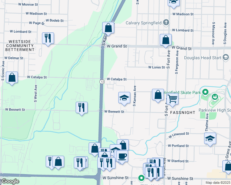 map of restaurants, bars, coffee shops, grocery stores, and more near 1303 South Lexington Avenue in Springfield