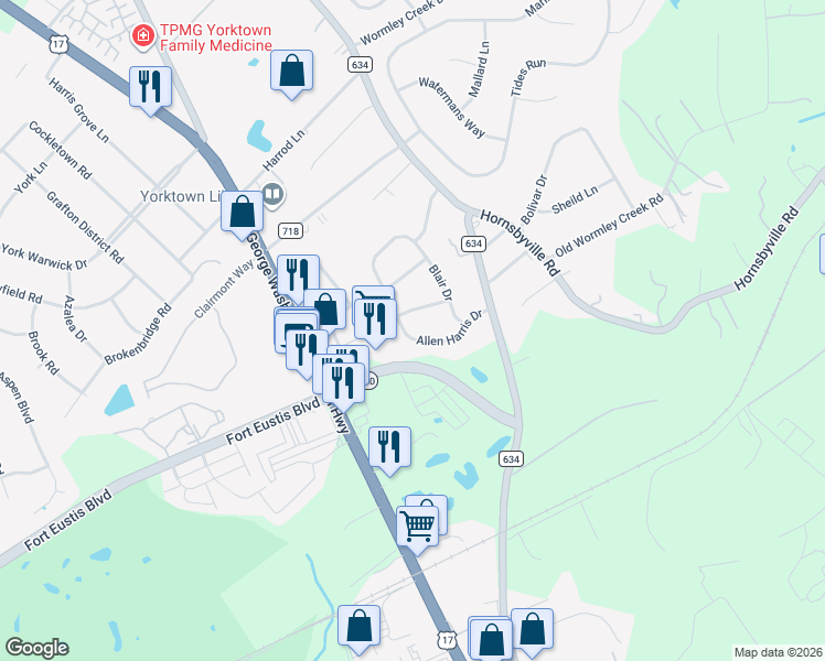 map of restaurants, bars, coffee shops, grocery stores, and more near 110 Mason Court in Yorktown