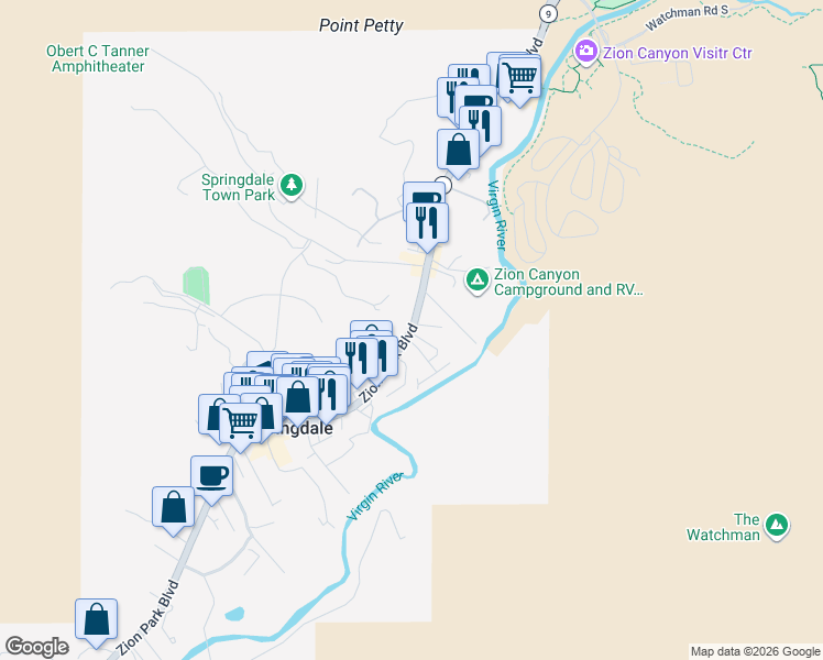 map of restaurants, bars, coffee shops, grocery stores, and more near 587 Zion Park Boulevard in Springdale