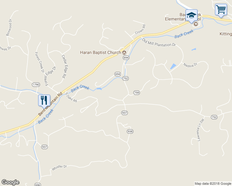 map of restaurants, bars, coffee shops, grocery stores, and more near 7615 Peebles Lane Southwest in Roanoke