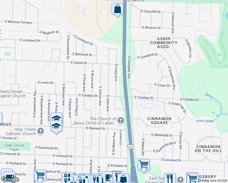 map of restaurants, bars, coffee shops, grocery stores, and more near 1128 South John Avenue in Springfield