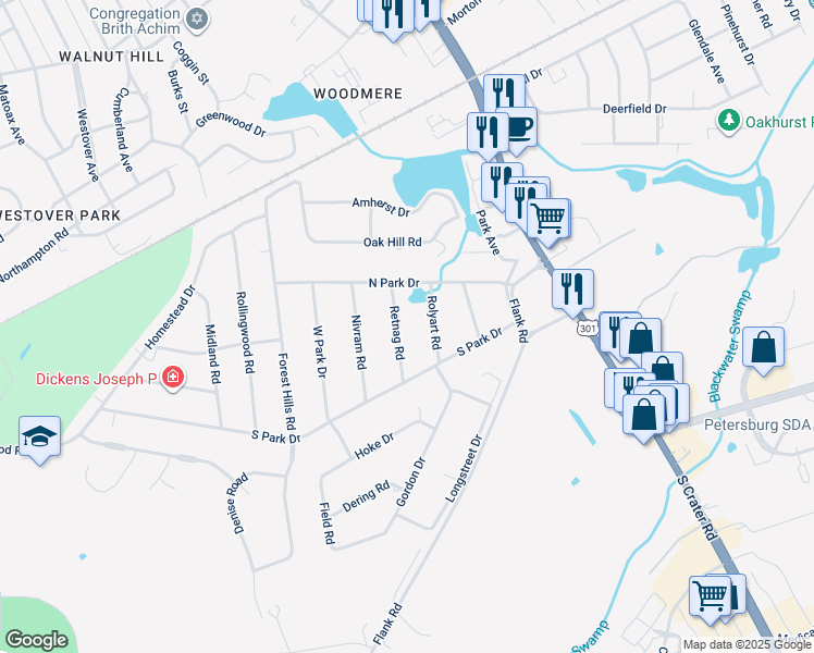 map of restaurants, bars, coffee shops, grocery stores, and more near 2903 Retnag Road in Petersburg