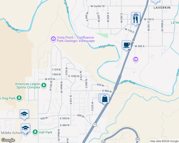 map of restaurants, bars, coffee shops, grocery stores, and more near 296 East 1100 North in Hurricane