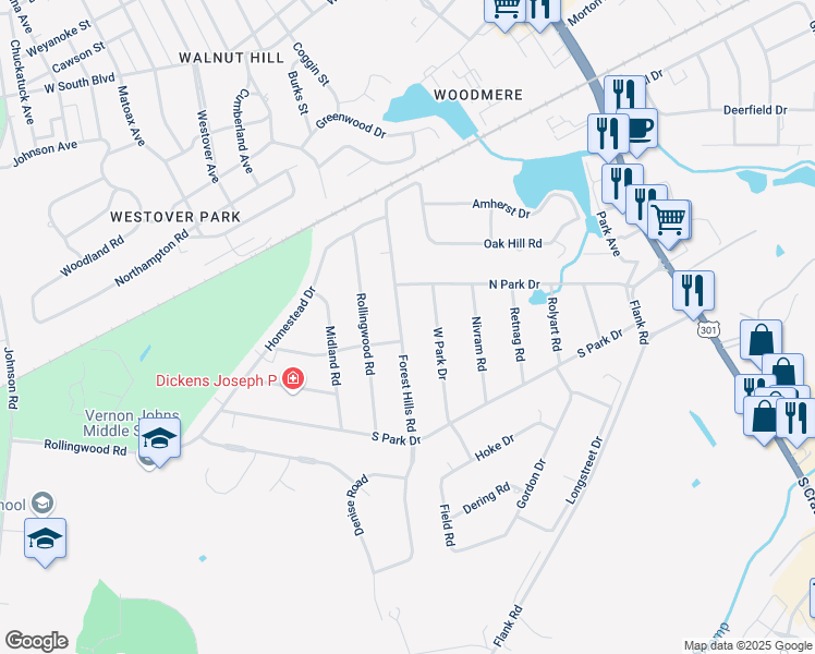 map of restaurants, bars, coffee shops, grocery stores, and more near 2835 Forest Hills Road in Petersburg