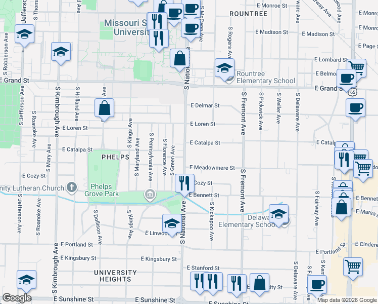 map of restaurants, bars, coffee shops, grocery stores, and more near 1200 East Catalpa Street in Springfield