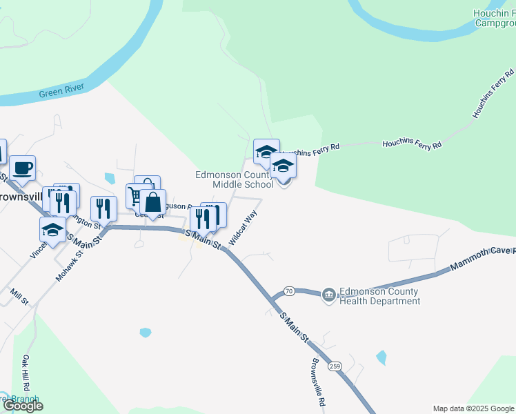 map of restaurants, bars, coffee shops, grocery stores, and more near 220 Wildcat Way in Brownsville