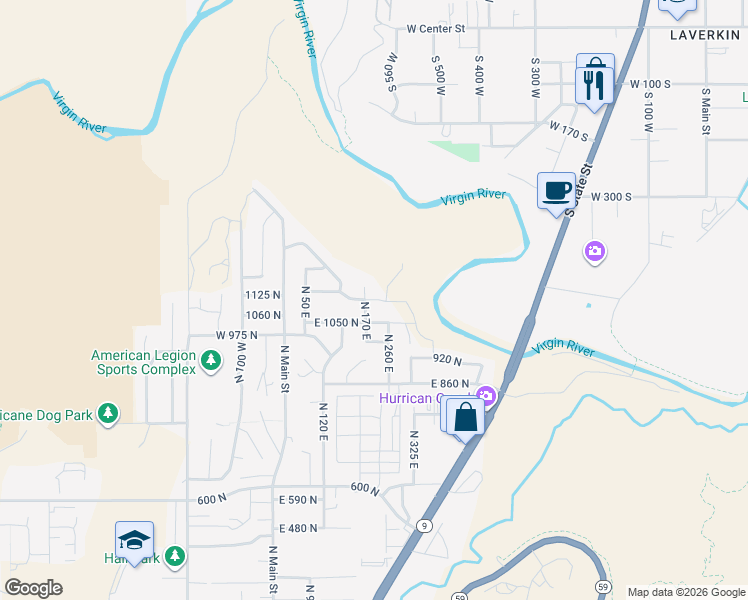 map of restaurants, bars, coffee shops, grocery stores, and more near 296 East 1100 North in Hurricane