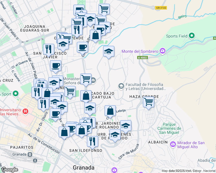 map of restaurants, bars, coffee shops, grocery stores, and more near 3 Calle Profesor Vicente Callao in Granada