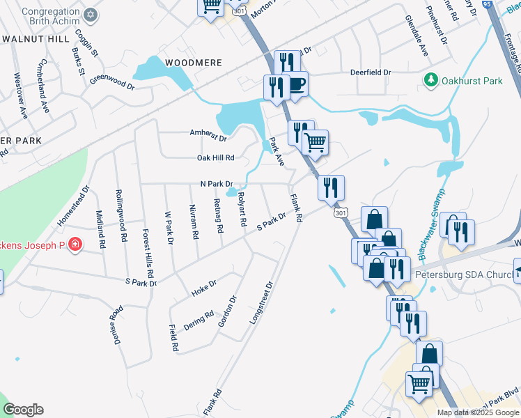 map of restaurants, bars, coffee shops, grocery stores, and more near 2902 Trarich Road in Petersburg