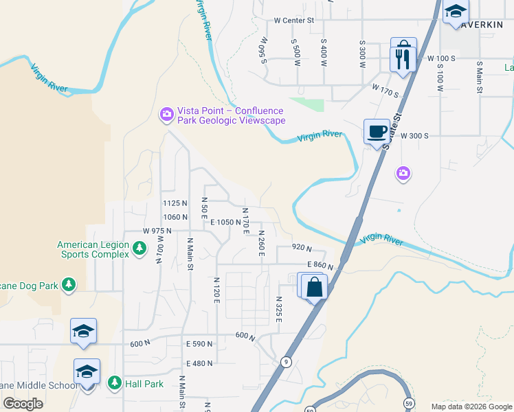 map of restaurants, bars, coffee shops, grocery stores, and more near 237 East 1100 North in Hurricane