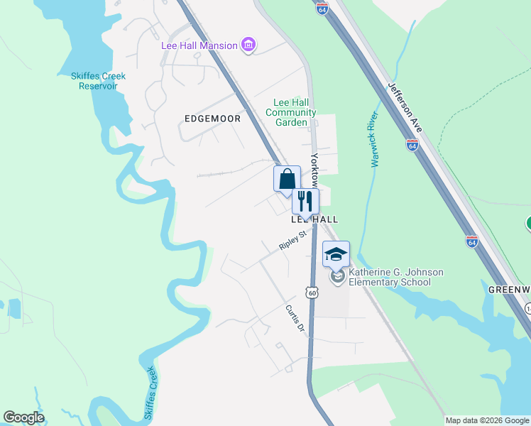 map of restaurants, bars, coffee shops, grocery stores, and more near 8 Elmhurst Street in Newport News