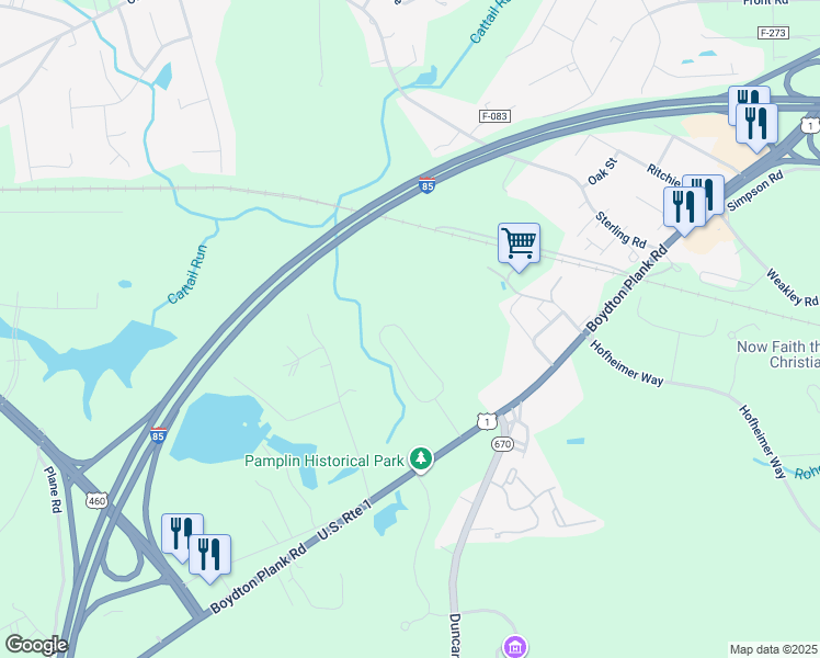 map of restaurants, bars, coffee shops, grocery stores, and more near 5927 Sentry Hill Court in Petersburg
