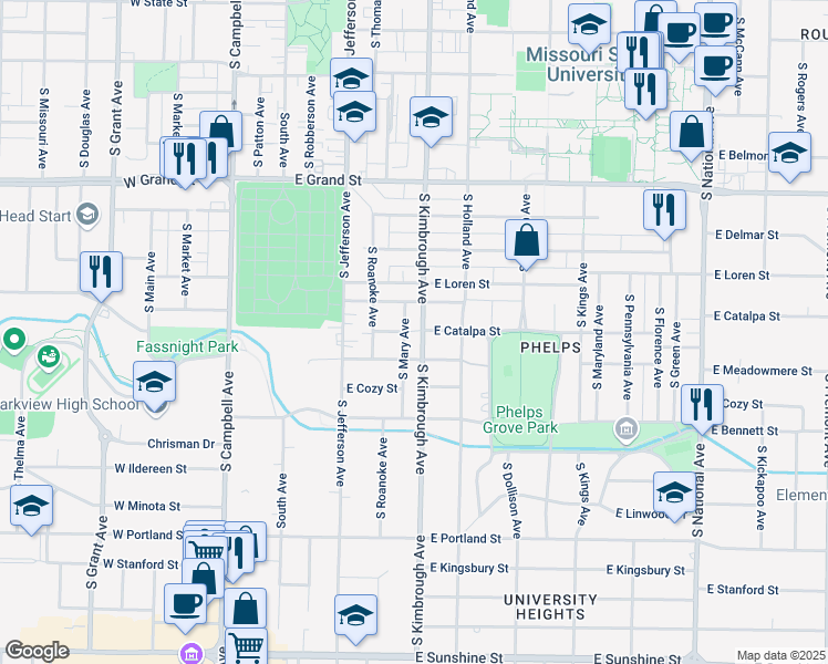 map of restaurants, bars, coffee shops, grocery stores, and more near 1169 South Mary Avenue in Springfield