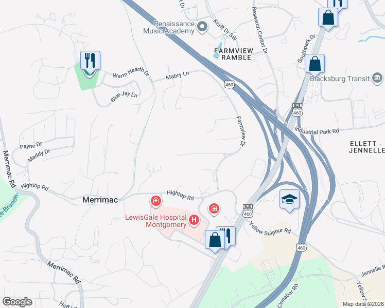 map of restaurants, bars, coffee shops, grocery stores, and more near 815 Grandview Drive in Blacksburg