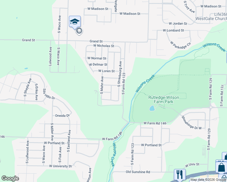 map of restaurants, bars, coffee shops, grocery stores, and more near 1165 South Strasbourg Avenue in Springfield