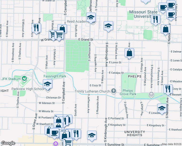 map of restaurants, bars, coffee shops, grocery stores, and more near 1179 South Roanoke Avenue in Springfield