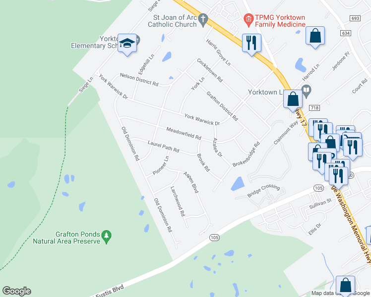 map of restaurants, bars, coffee shops, grocery stores, and more near 104 Laurel Path Road in Yorktown