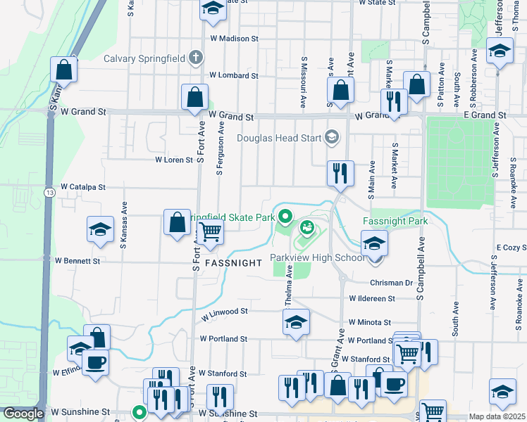 map of restaurants, bars, coffee shops, grocery stores, and more near 998 West Catalpa Street in Springfield