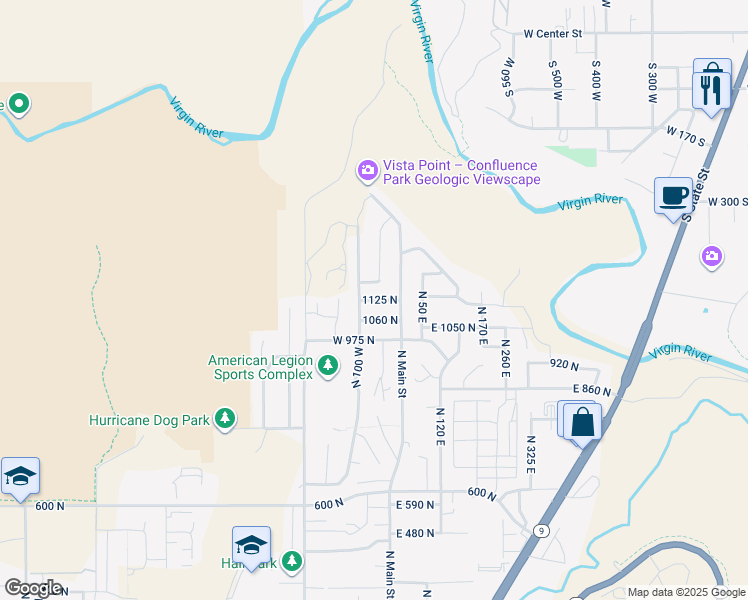 map of restaurants, bars, coffee shops, grocery stores, and more near 50 1125 North in Hurricane