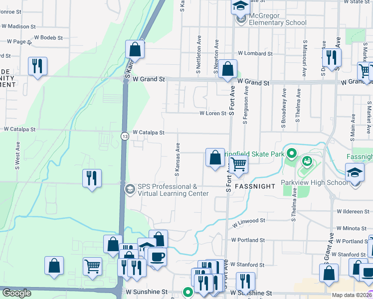 map of restaurants, bars, coffee shops, grocery stores, and more near 1505 West Meadowmere Street in Springfield