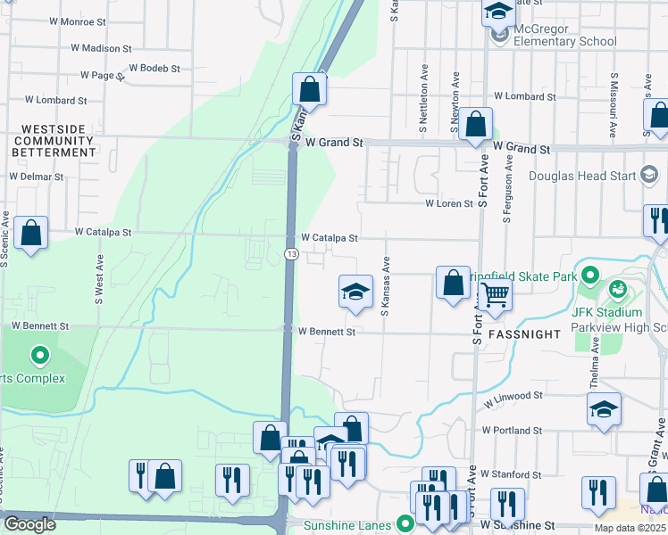 map of restaurants, bars, coffee shops, grocery stores, and more near 1303 South Lexington Avenue in Springfield