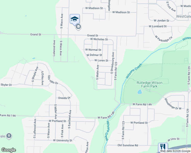 map of restaurants, bars, coffee shops, grocery stores, and more near 1289 South Mahn Avenue in Springfield