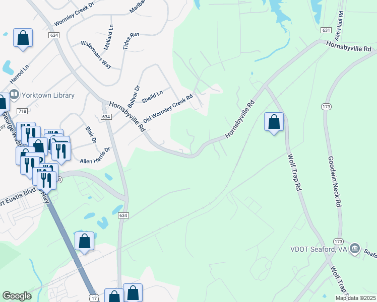 map of restaurants, bars, coffee shops, grocery stores, and more near 601 Hornsbyville Road in Yorktown