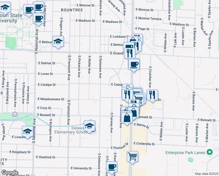map of restaurants, bars, coffee shops, grocery stores, and more near 1630 East Catalpa Street in Springfield