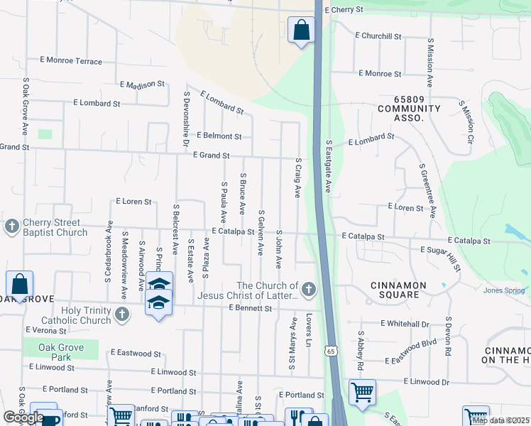 map of restaurants, bars, coffee shops, grocery stores, and more near 1130 South Gelven Avenue in Springfield