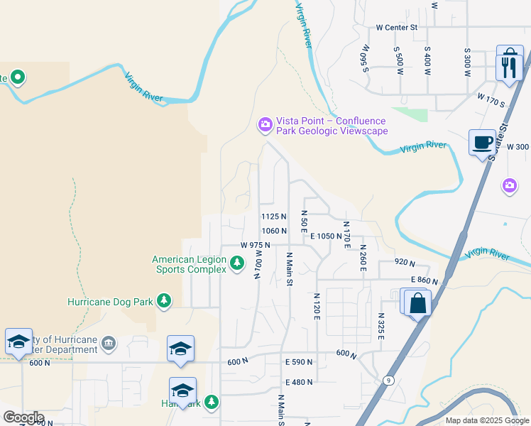map of restaurants, bars, coffee shops, grocery stores, and more near 72 West 1125 North in Hurricane