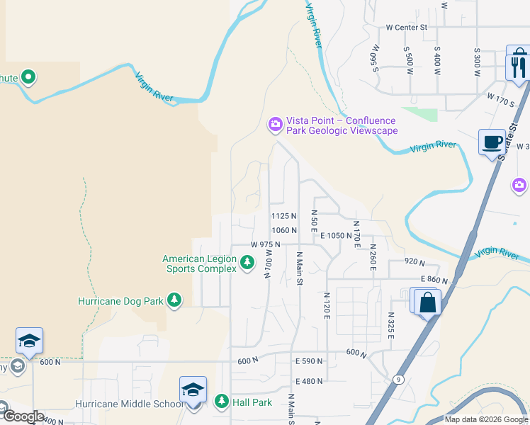 map of restaurants, bars, coffee shops, grocery stores, and more near 1133 North 100 West in Hurricane