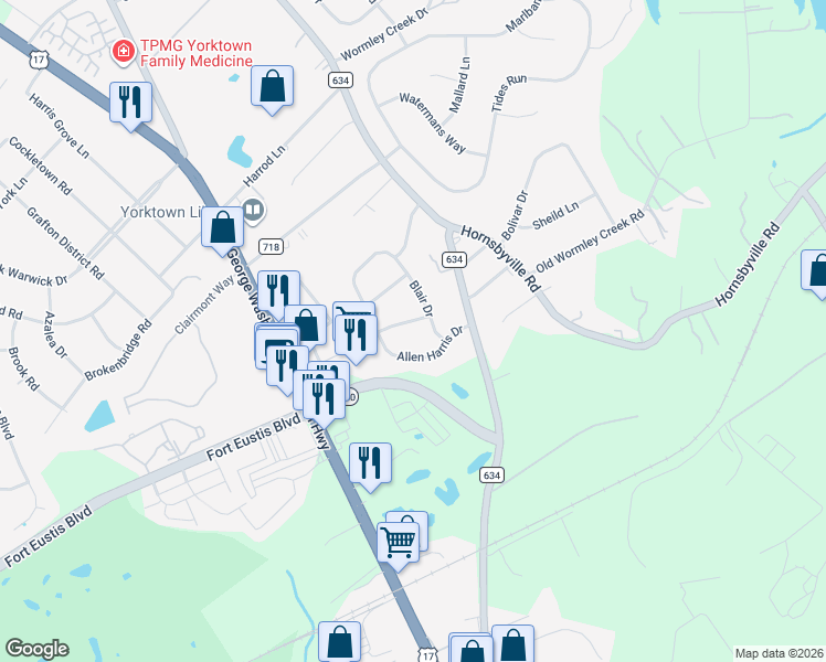 map of restaurants, bars, coffee shops, grocery stores, and more near 103 Mason Court in Yorktown
