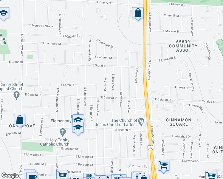 map of restaurants, bars, coffee shops, grocery stores, and more near 1131 South Bruce Avenue in Springfield