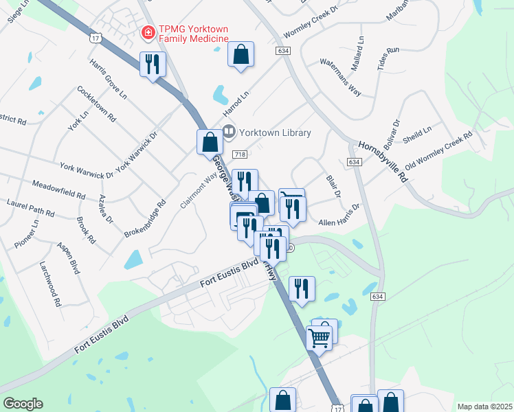 map of restaurants, bars, coffee shops, grocery stores, and more near 1004A Laydon Way in Yorktown