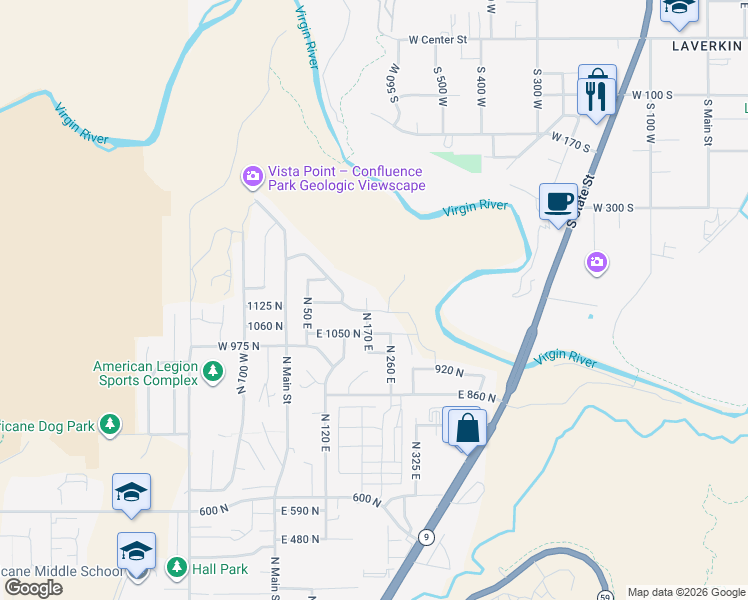 map of restaurants, bars, coffee shops, grocery stores, and more near 1174 North 170 East in Hurricane