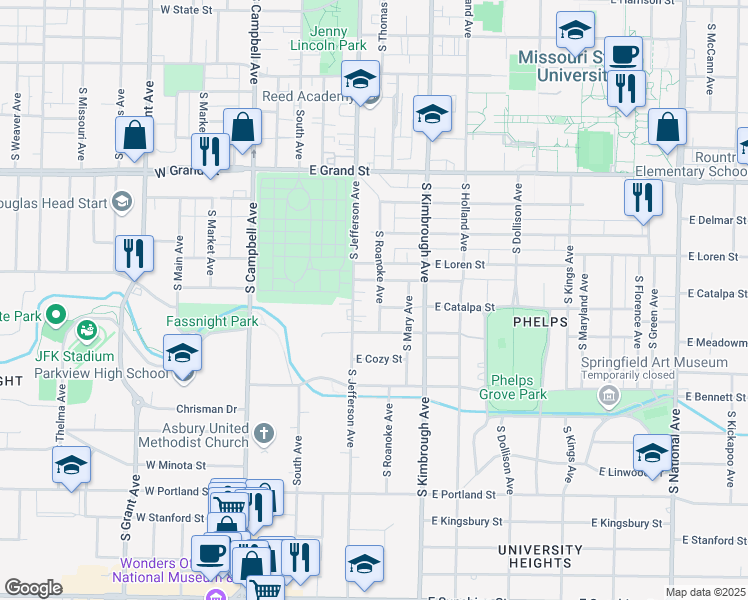 map of restaurants, bars, coffee shops, grocery stores, and more near 1179 South Roanoke Avenue in Springfield