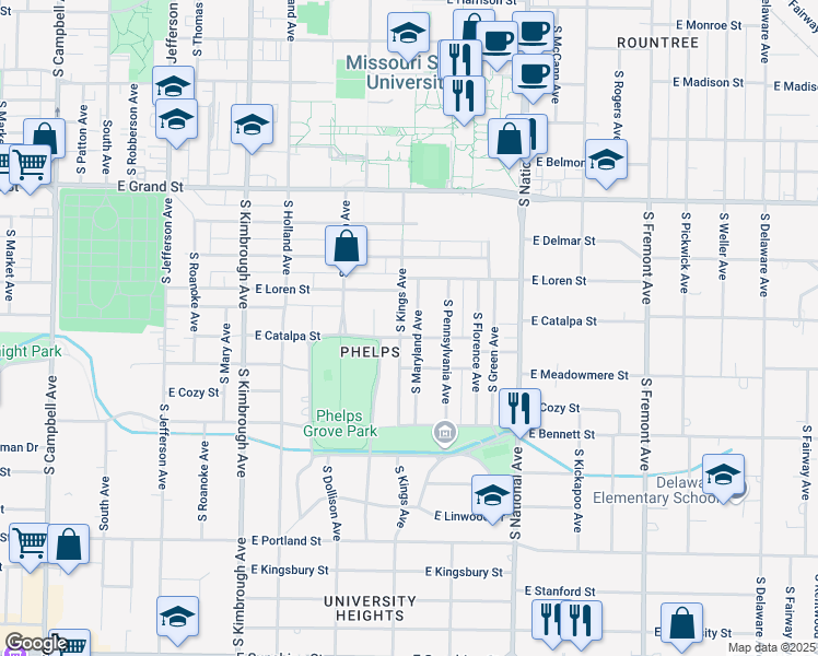 map of restaurants, bars, coffee shops, grocery stores, and more near 1177 South Maryland Avenue in Springfield
